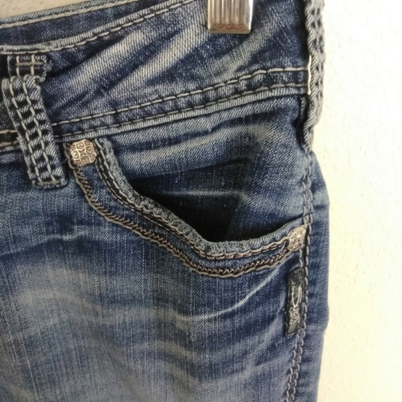 Silver Jeans Embellished Suki Mid Boot Western Glove Works Denim Blue Jeans - Picture 11 of 14